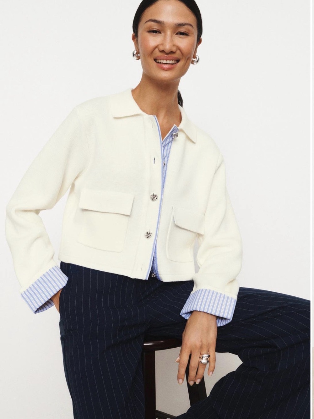 Sandro Cream Cropped Button-Front Blazer